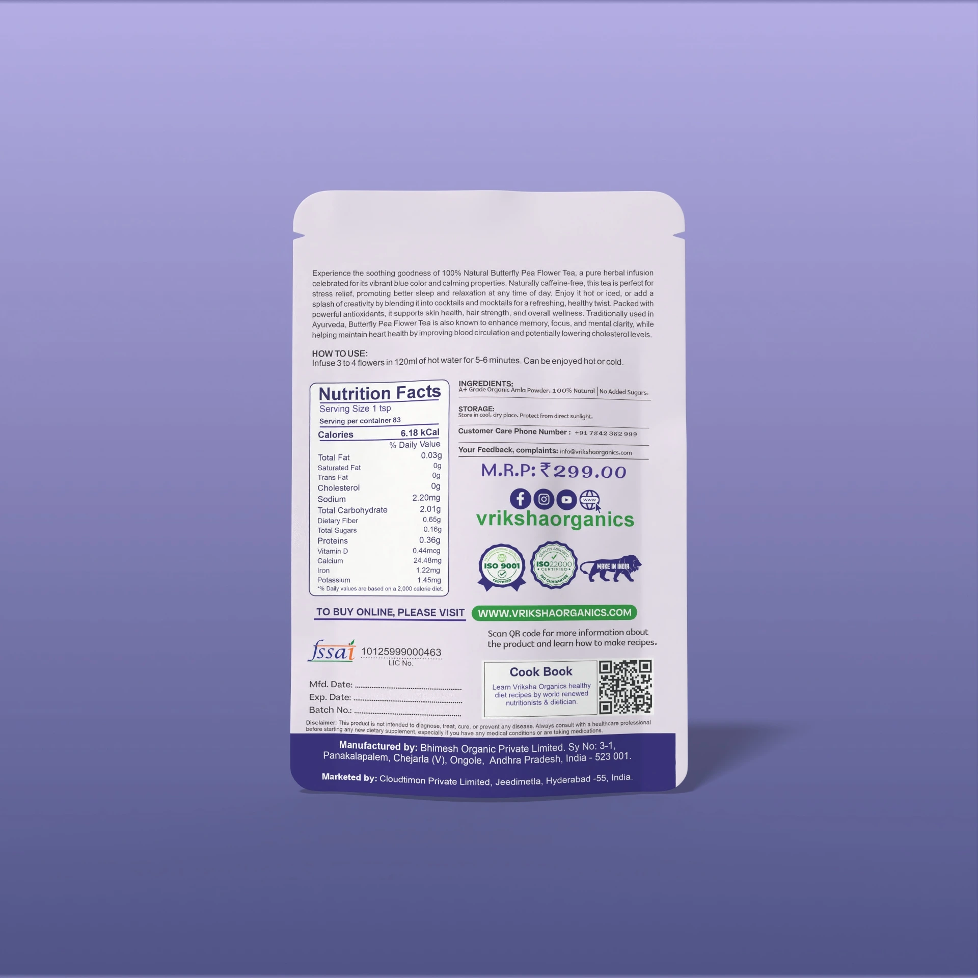 Vriksha Butterfly Pea Flower Flakes | Enhance cognitive function and Memory | Caffeine-free